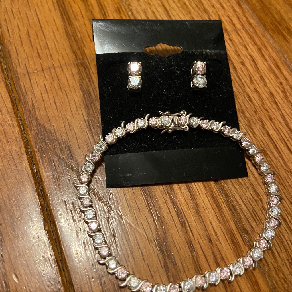 Sterling Silver Bracelet And Earrings With Pink Diamonds And White Diamonds Sterling Silver Bracelet And Earrings With Pink Diamonds And White Diamonds